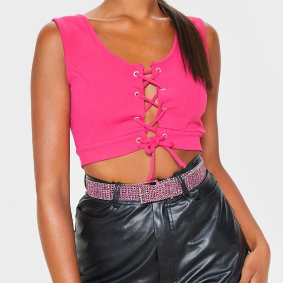 PrettyLittleThing Tops - Pink Lace Up Crepe Crop Top